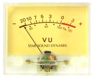 VU Meter analógico com lâmpada embutida. Escala ampla de -20dB a +3dB.